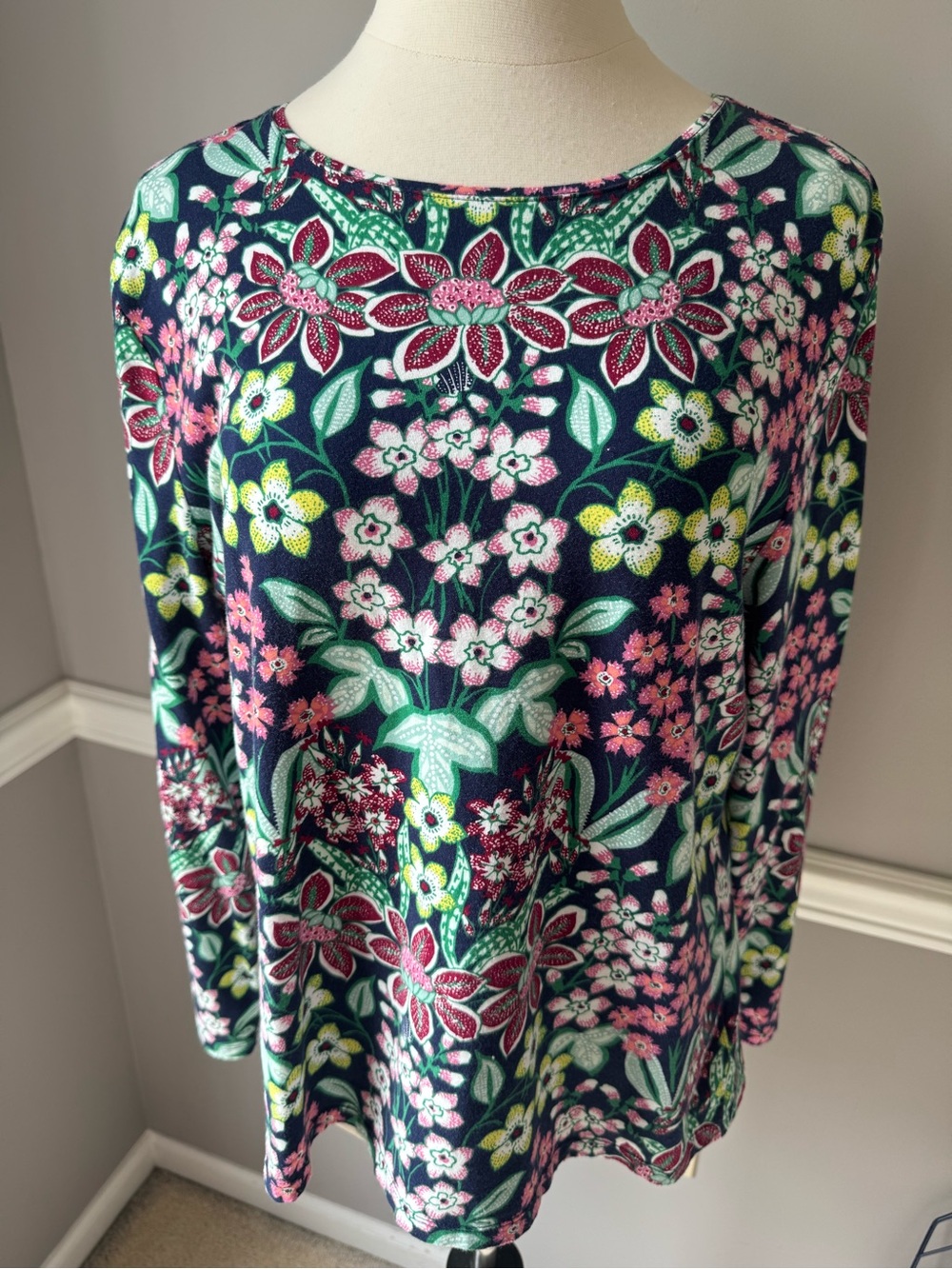 Talbots Navy Floral Long-Sleeve Blouse with Pink & Green Accents